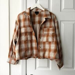 Lumiere Orange Tan White Flannel Plaid Full Button Up Shirt Jacket Boxy Crop M